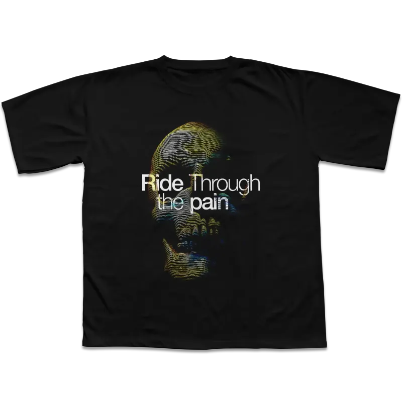 Minimalist bike graphic tee shirt with the quote "Ride Through the pain" behind a graphic skull. Eco friendly clothes